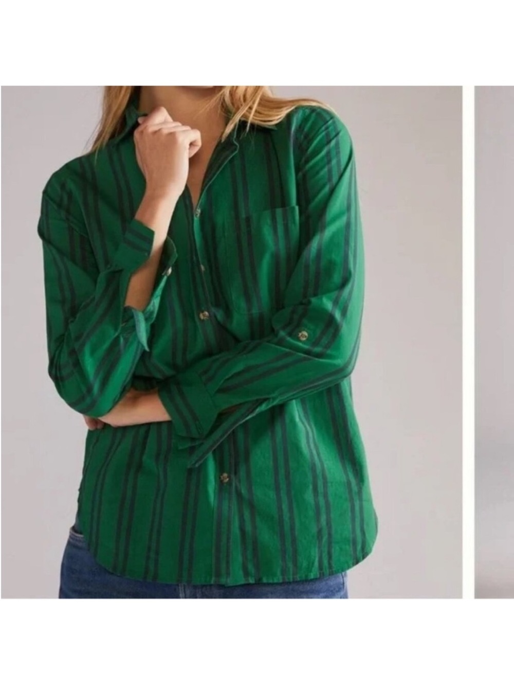 ANTHROPOLOGIE Maeve Green Stripe Tab Sleeve Collared Button Up Blouse 12